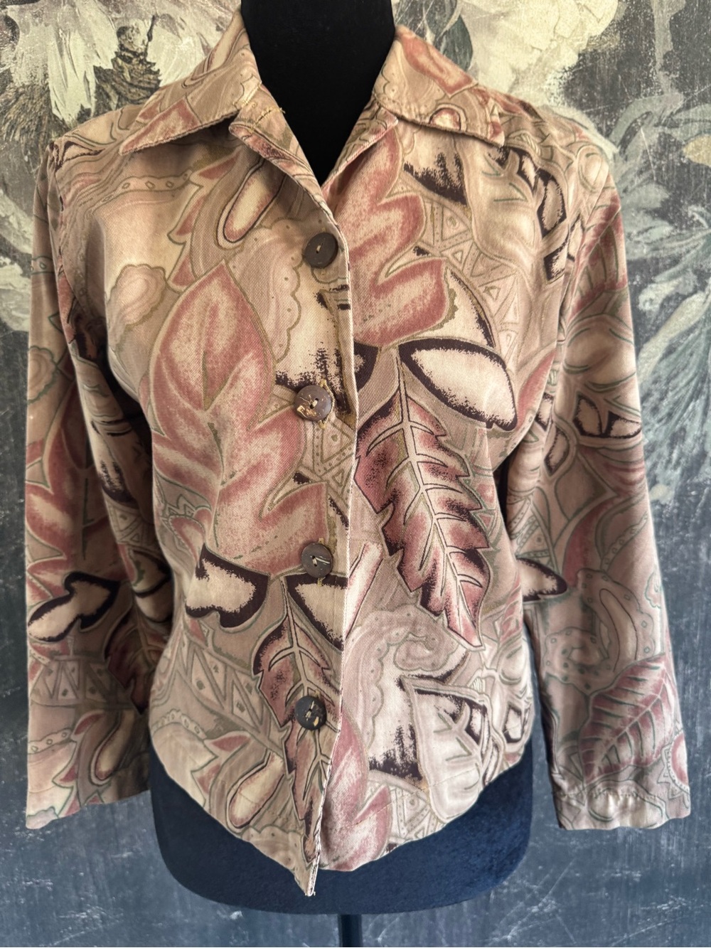 100% Cotton Vintage Leaf-Print Women's Jacket in Taupe and Dusty Rose